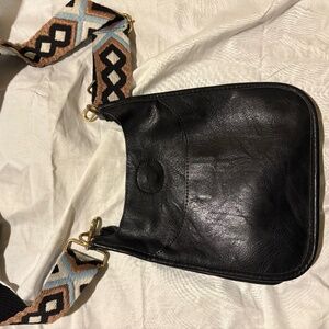 ah-dorned Black Vegan Leather Bag with Embroidered Guitar Strap